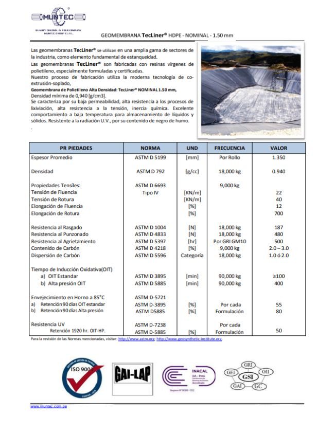 Ficha tecnica geomembrana HDPE 1.5 mm