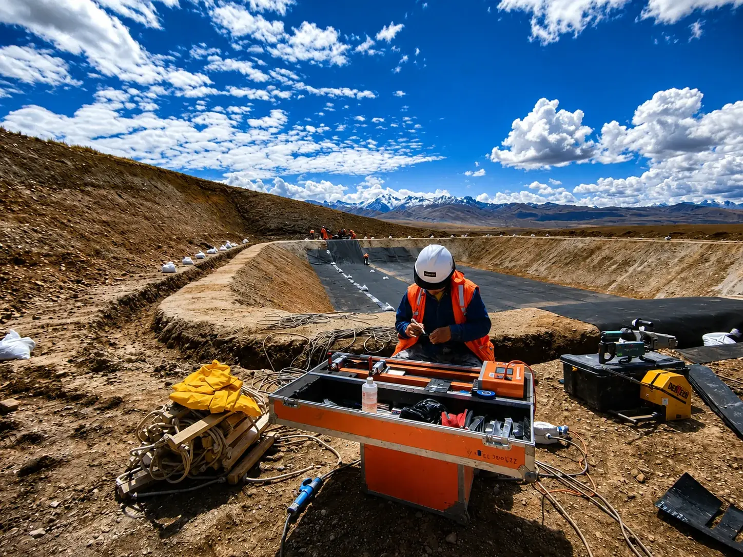 Personal ejecutando una prueba geoeléctrica sobre geomembrana